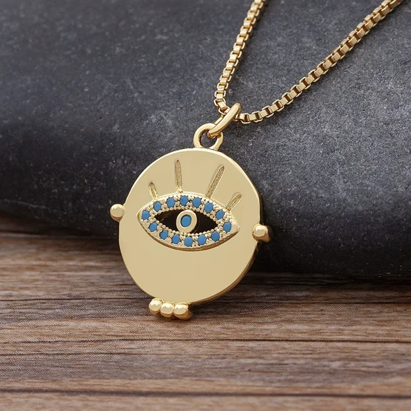 New Design Bohemian Evil Eye Round 14K Yellow Gold Pendant Necklaces For Women Long Chain Vintage Charm Sweater Neck Jewelry Party Gift