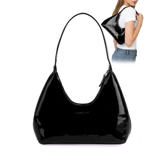 Gustave Underarm Shoulder Bag for Women Patent Leather Trendy Small Hobo Handbags Shiny Top Handle Clutch Purse Going Out Evening Bags - Black