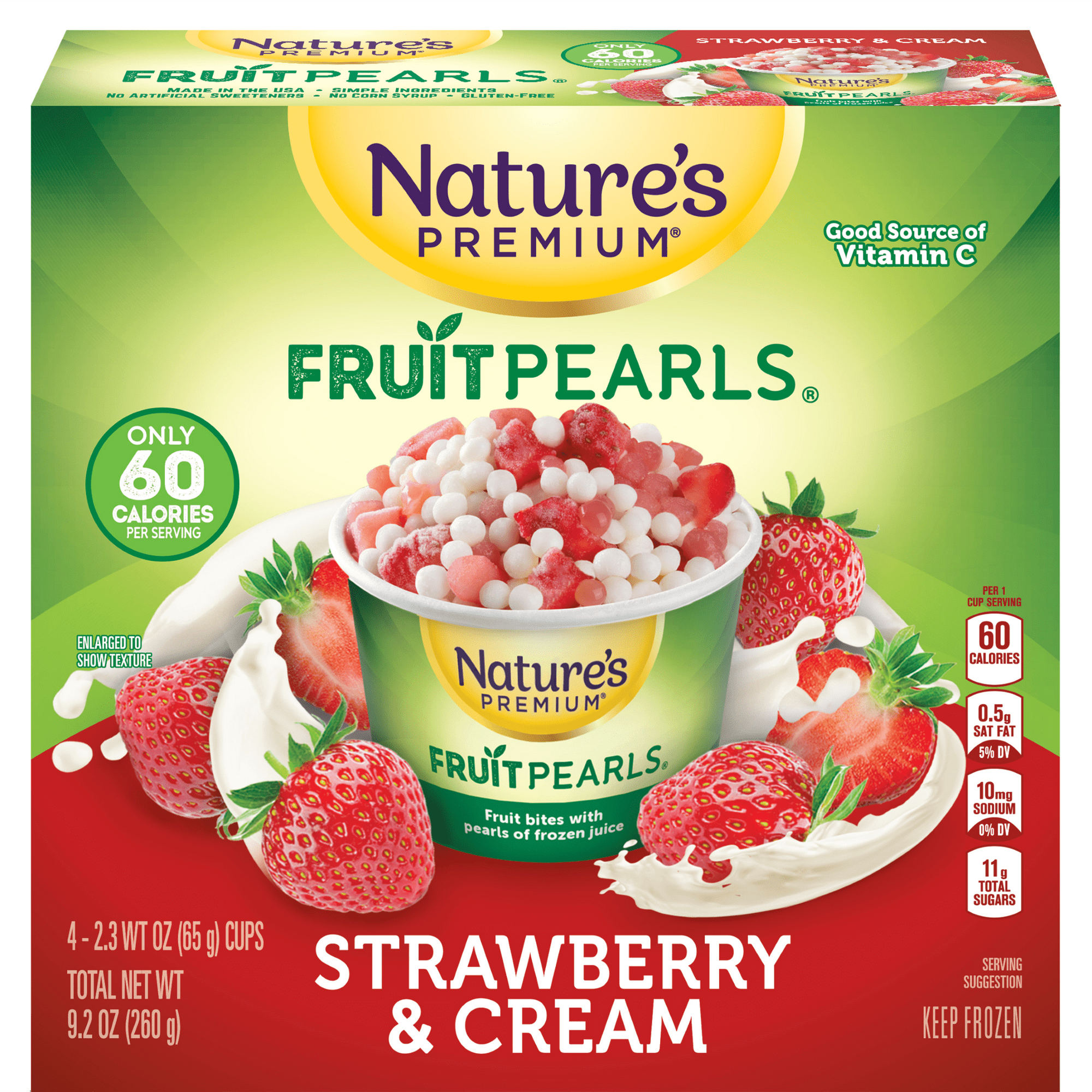 Nature's Premium Fruit Pearls, Frozen Fruit Snack, Strawberry & Cream, 2.3 oz, 4 Count Box