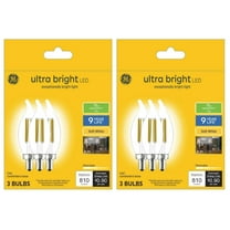 (6 bulbs) GE ultra bright LED 75-Watt equivalent, Soft White Chandelier Light Bulb, Candelabra Base, Dimmable, 7.5 watt, 810 lumen LED ultrabright, bent tip, clear Decorative bulb