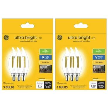 (6 bulbs) GE ultra bright LED 75-Watt equivalent, Soft White Chandelier Light Bulb, Candelabra Base, Dimmable, 7.5 watt, 810 lumen LED ultrabright, bent tip, clear Decorative bulb