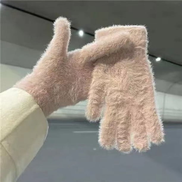 Guantes cálidos de ciclismo de invierno con imitación de piel de conejo de felpa, guantes de terciopelo para mujer, lindos guantes de color sólido a prueba de frío con los dedos