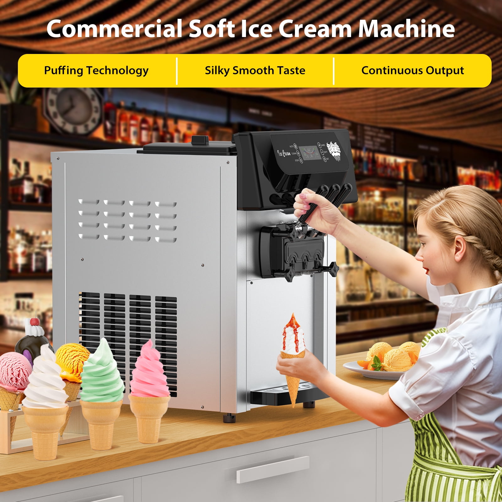 IdealHouse 2+1 Flavor Soft Serve Ice Cream Maker Machine Commercial, 5.3-7.4 Gal/Hr Countertop Soft Serve Machine with LCD Display, Auto Clean Pre-Cooling High Productivity, 2200W