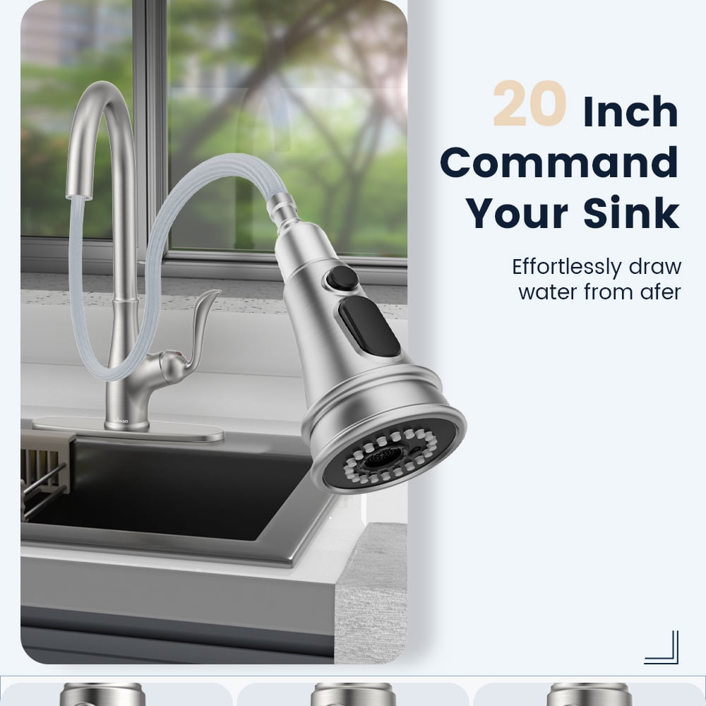 APPASO Brushed Nickel Kitchen Faucet, Stainless Steel Brushed Nickel High Arc Pull Out Kitchen Sink Faucets with Deck Plate and Soap Dispenser
