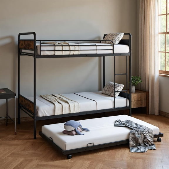 Topcobe Twin Over Twin Bunk Bed with Trundle with Ladder and Full-length Guardrails, Bed Frame, Indoor Furniture for Bedroom-Black