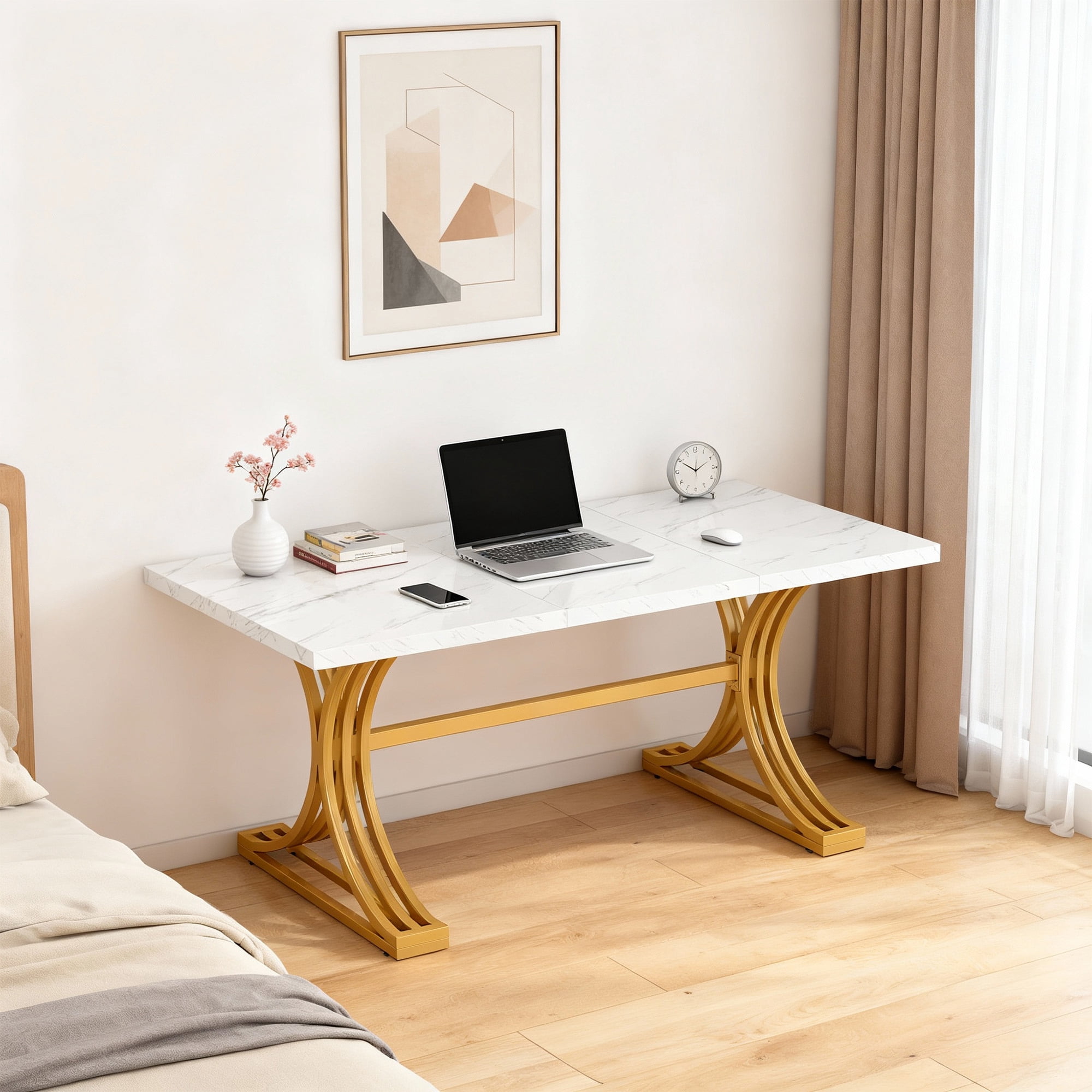 KIOOTTO 63" Executive Office Desk, Faux Marble Computer Workstation with Curved X-Frame, White & Gold