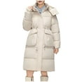 thumbnail image 2 of Crunowin Women Puffer Coat, Solid Color Long Sleeve Cotton Padded Hooded Pocket Winter Parka Coat White M, 2 of 3