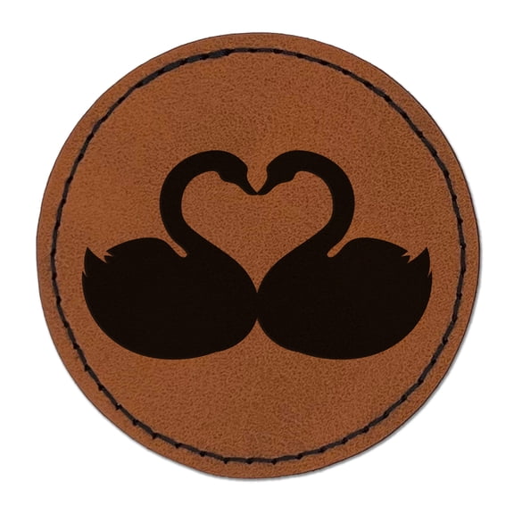 Kissing Swans Forming a Heart 2.5" Faux Leather Round Engraved Iron-On Patch - Brown