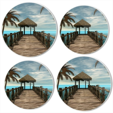 

BaHomeck Electric Stove Burner Covers Set of 4 Round Metal Gas Stove Burner Covers 8 Inch and 10 Inch Kitchen Decor Wooden Pier With Palm Trees And Thatched Roof