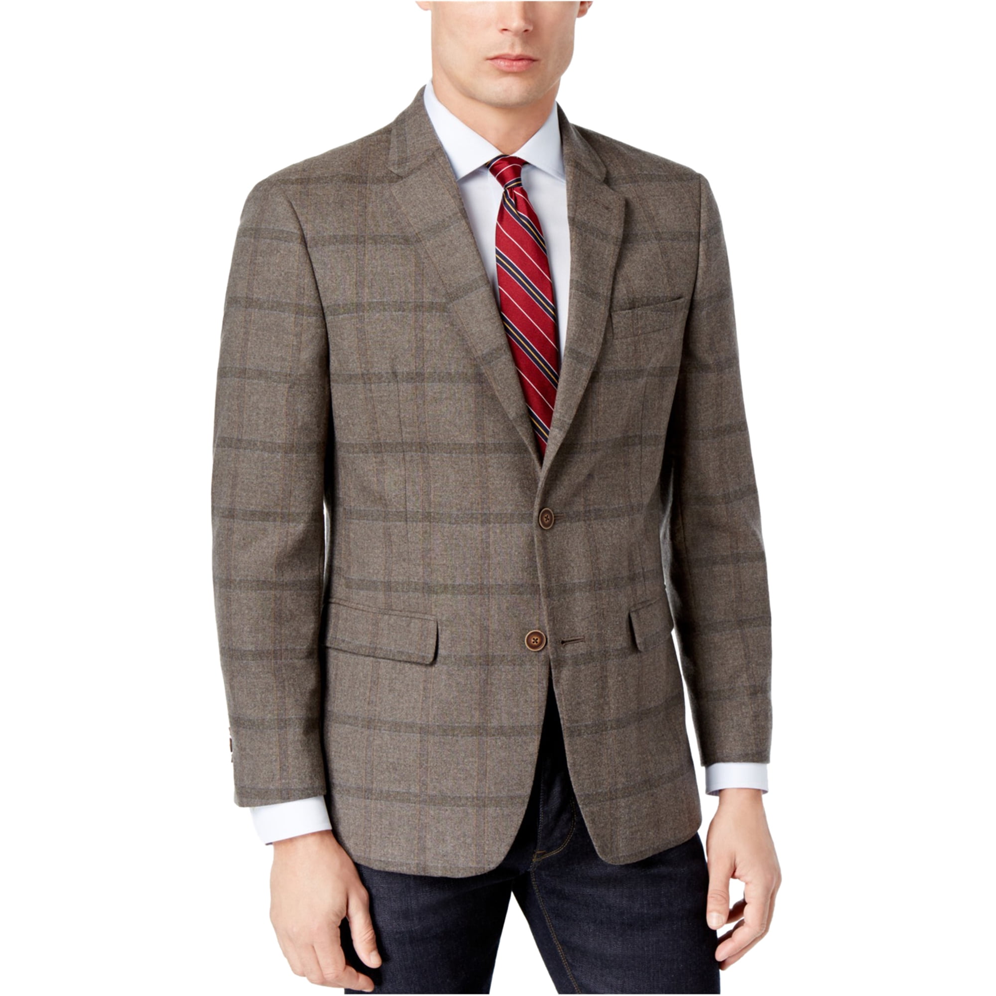 Tommy Hilfiger Men's Trim Fit Gray Plaid Two Button Stretch Wool 2 Button Suit