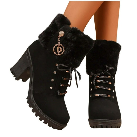 RUIYANQI Women's Faux Fur Trimmed Ankle Boots Lace Up Design Chunky Heel Footwear Studded Decor Winter Snow Boots Trendy Fashion Warm Shoes Black Women Sandals