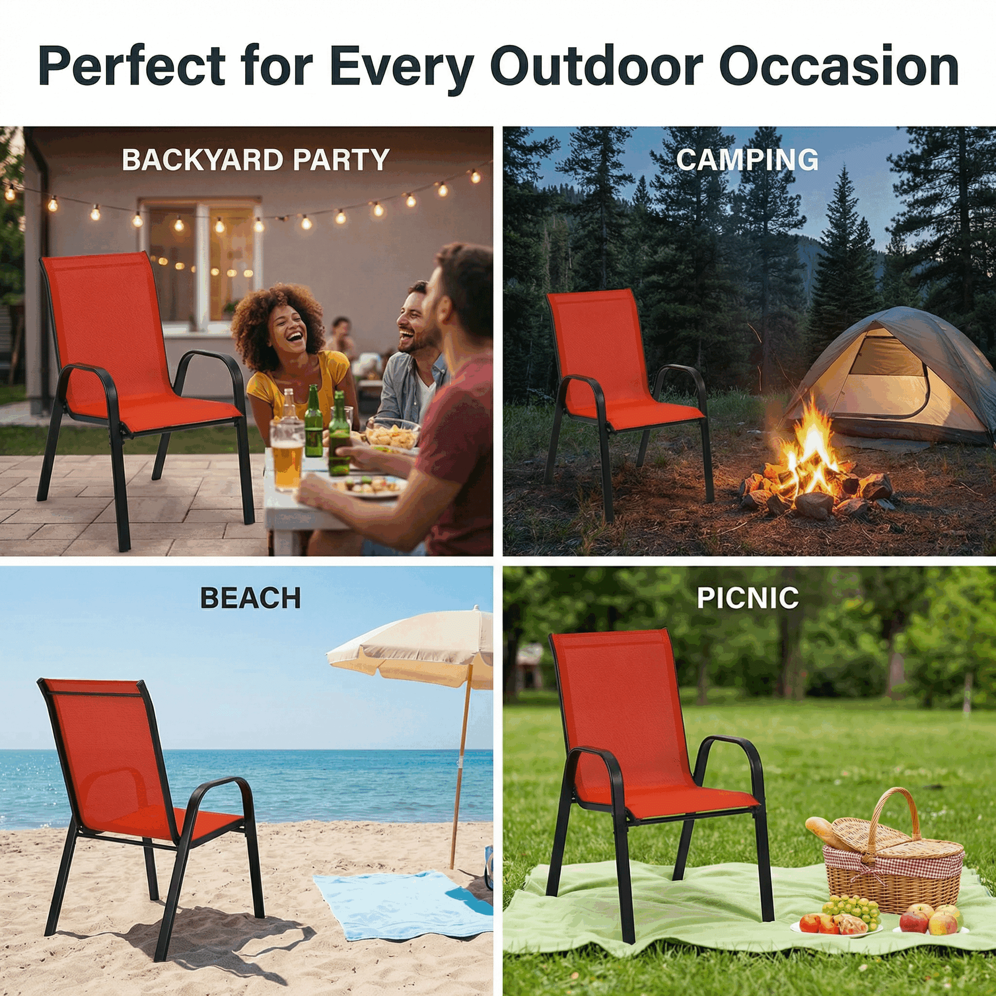 Outdoor Stackable Patio Chairs Set of 1 Heavy Duty Metal Frame & Teslin Fabric, All-Weather for Poolside, Backyard, Balcony, Indoor, Camping