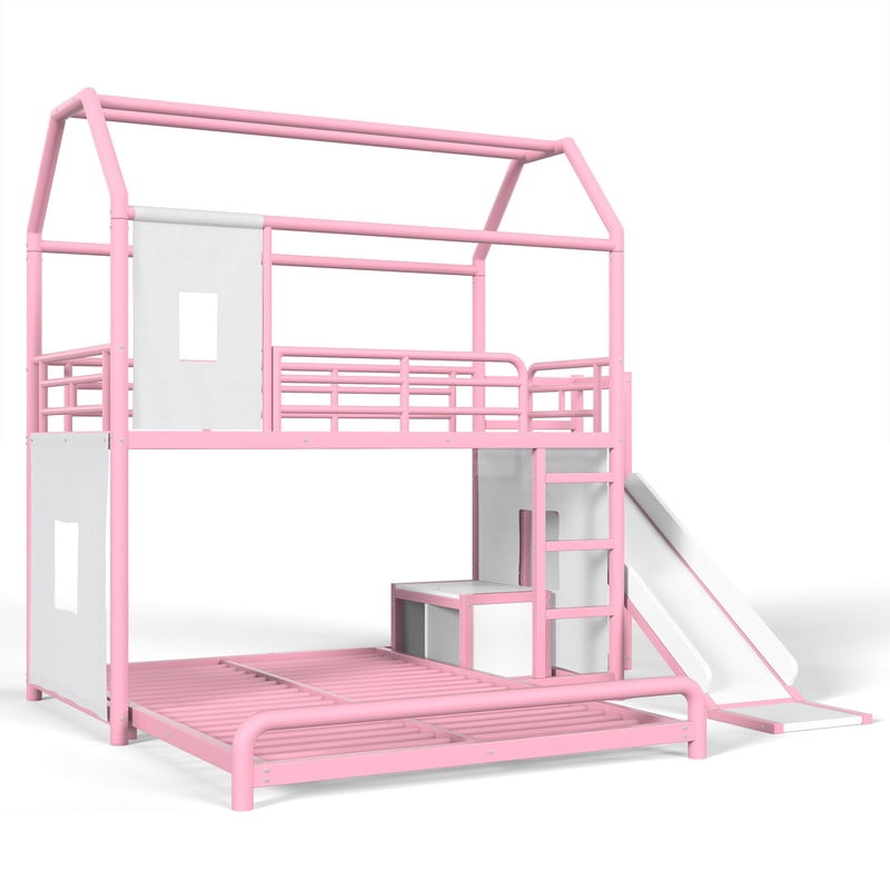 Twin over Full Metal Bunk Bed with Slide, Ladder, LED Light Strip, Privacy Curtain, Movable Storage Cabinet & Hanging Rod, House Shaped Kids Bunk Bed