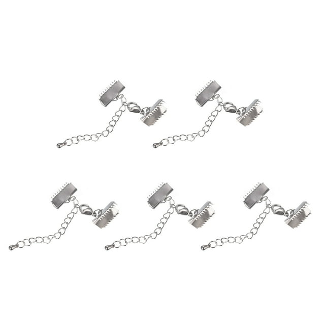 Unique Bargains 5Sets Ribbon Crimp Clamp Ends Lobster Claw Clasps & Chain 15mm Silver