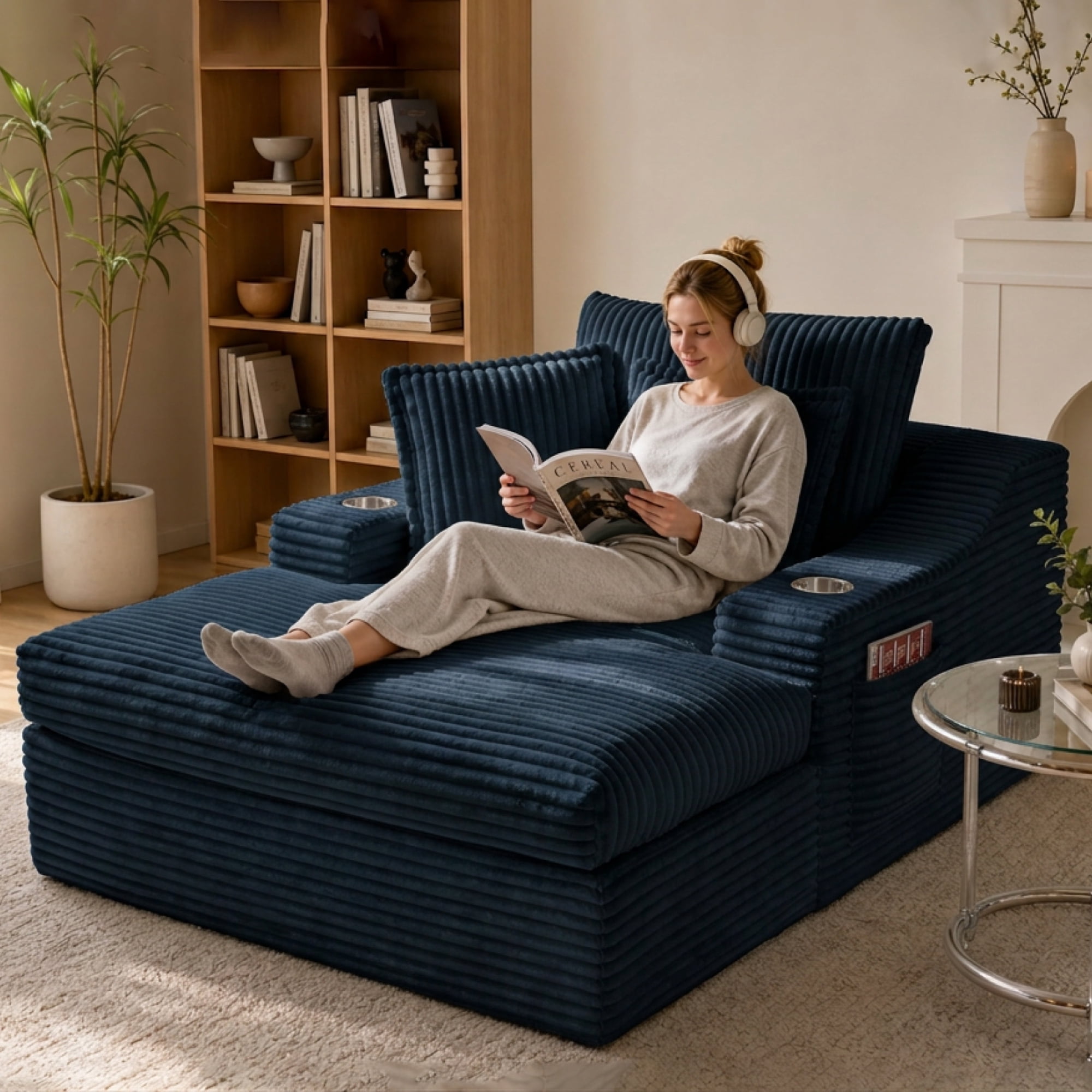 Leumius 67" Oversized Chaise Lounge Chair Indoor, Boneless Chaise Lounge Chair with Cup Holders & 3 Pillows, Cloud Corduroy Chaise Sofa Bed Sleeper Couches for Living Room No Assembly Require,Blue