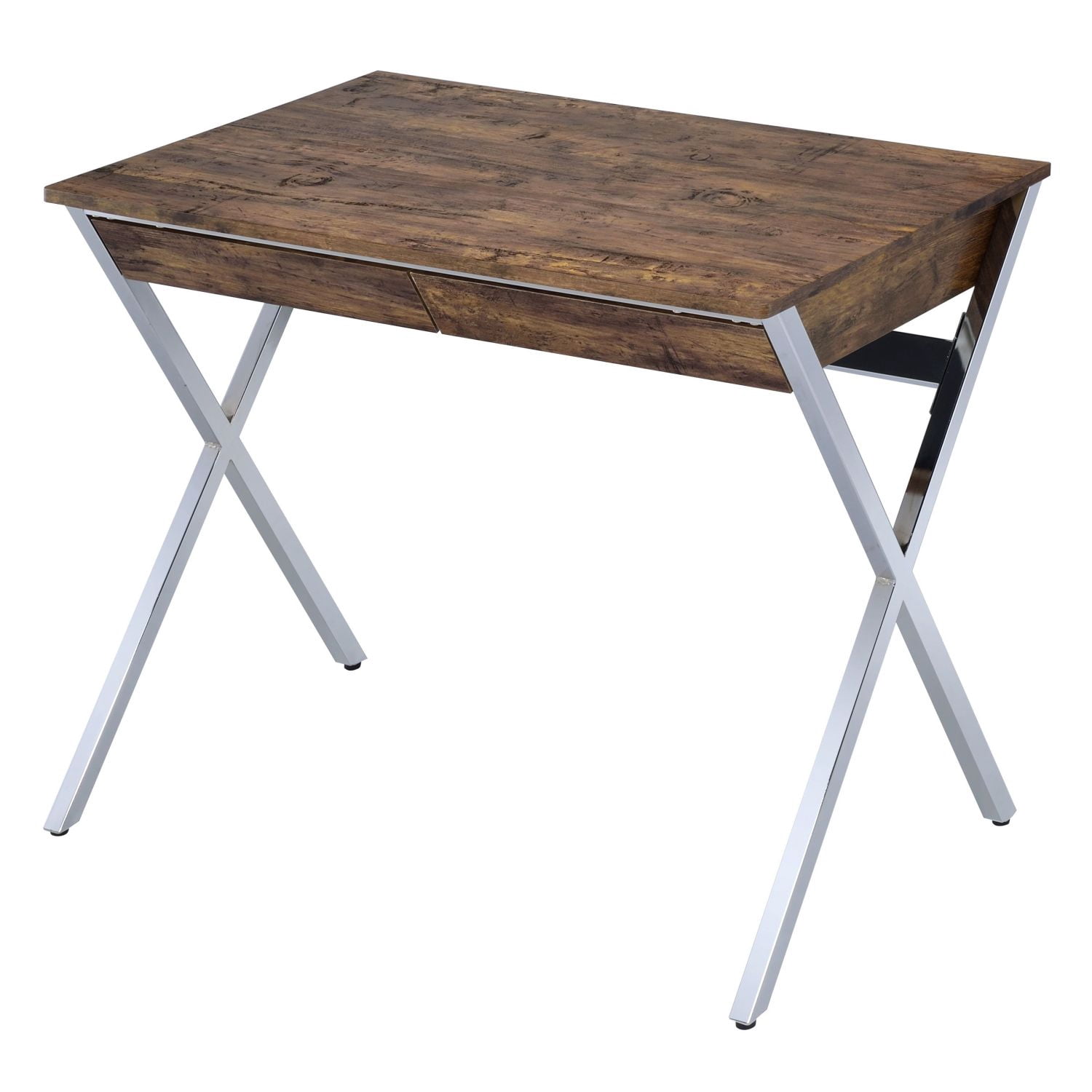 Writing Desk with 2 Drawers, Weathered Oak Wood Top and X-Shaped Metal Legs, 36.5 in Rectangular Home Office Desk
