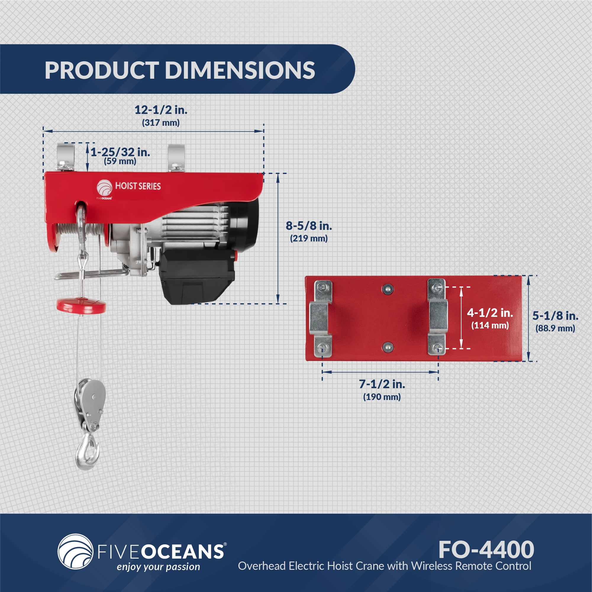 Overhead Electric Hoist Crane with Wireless Remote Control FO-4400-1 Five Oceans 440 LB Overhead Electric Hoist Crane with Wireless Remote Control FO-4400-1 Five Oceans 440 LB
