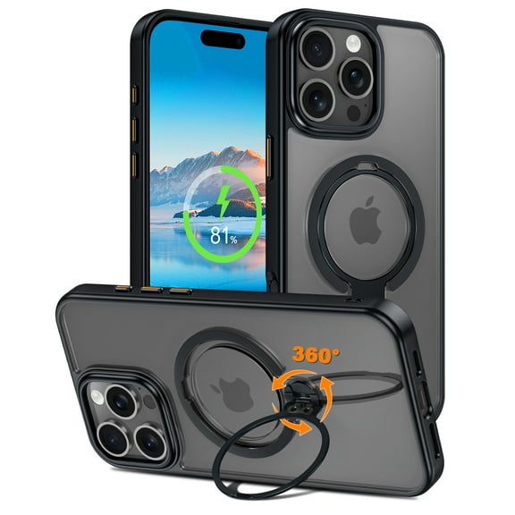 CASEFIV for iPhone 16 Pro Max Case,360° Rotatable Ring Holder Kickstand,Compatible with Magsafe, Slim Shockproof Translucent Matte Hard Back Soft Edge Anti-Fingerprint,Black