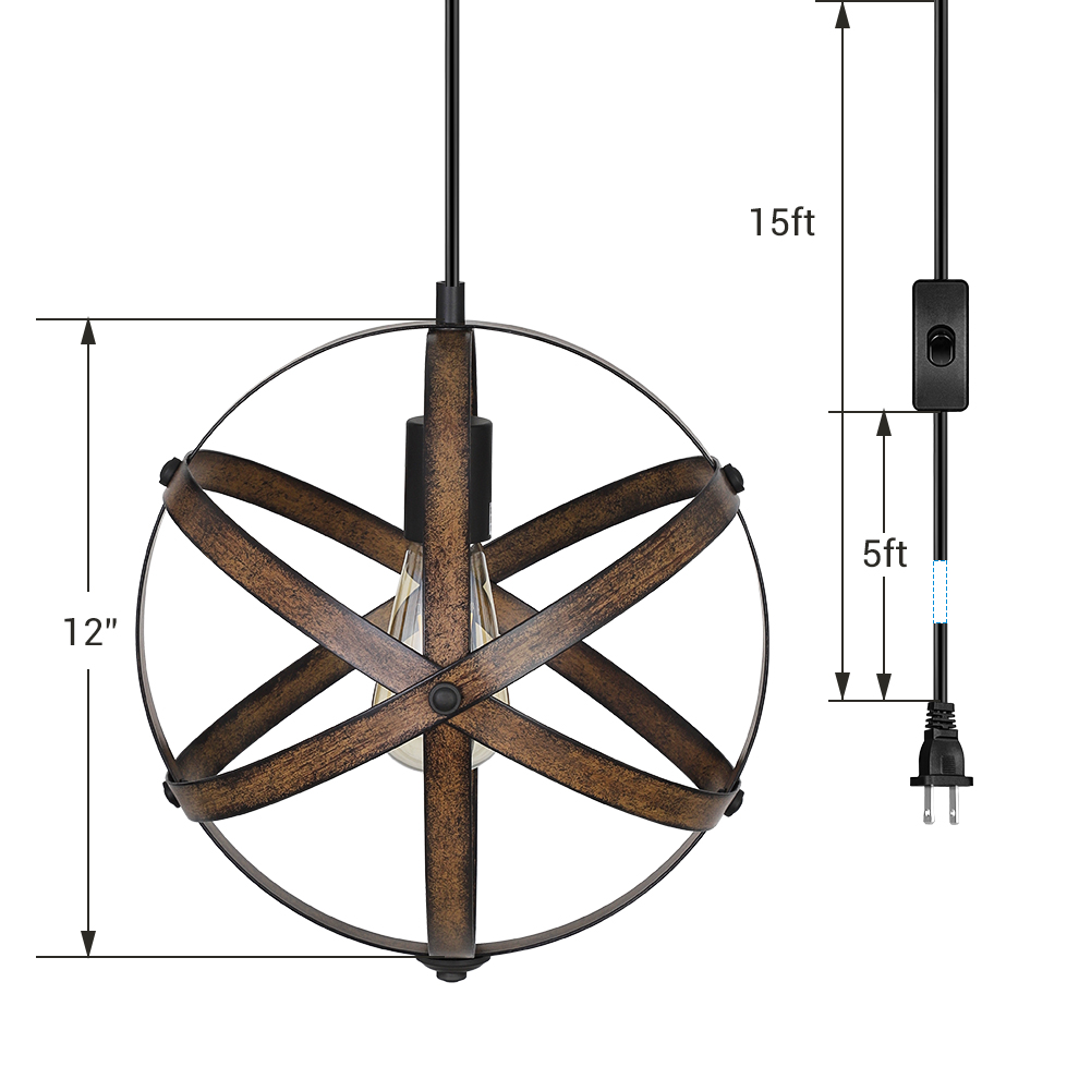DEWENWILS Plug in Pendant Hanging Light, Wood Grain Industrial Style Metal  Globe Vintage Ceiling Light Fixture with 15FT Cord and ON/Off Switch for  Kitchen Island, Bedroom