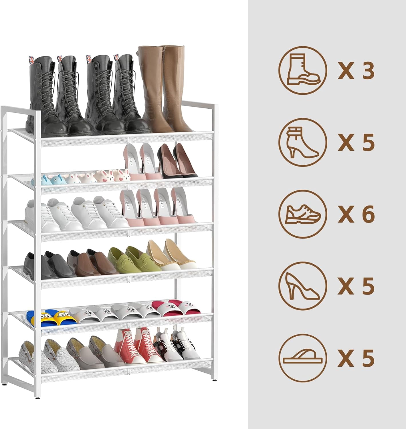 Metal Shoe Rack, 6-Tier Shoe Organizer for Entryway, Tall Shoes Stand with Angled Shelves, Holds 18-24 Pairs, Large Shoe Storage Shelf for Closet Garage Bedroom, White