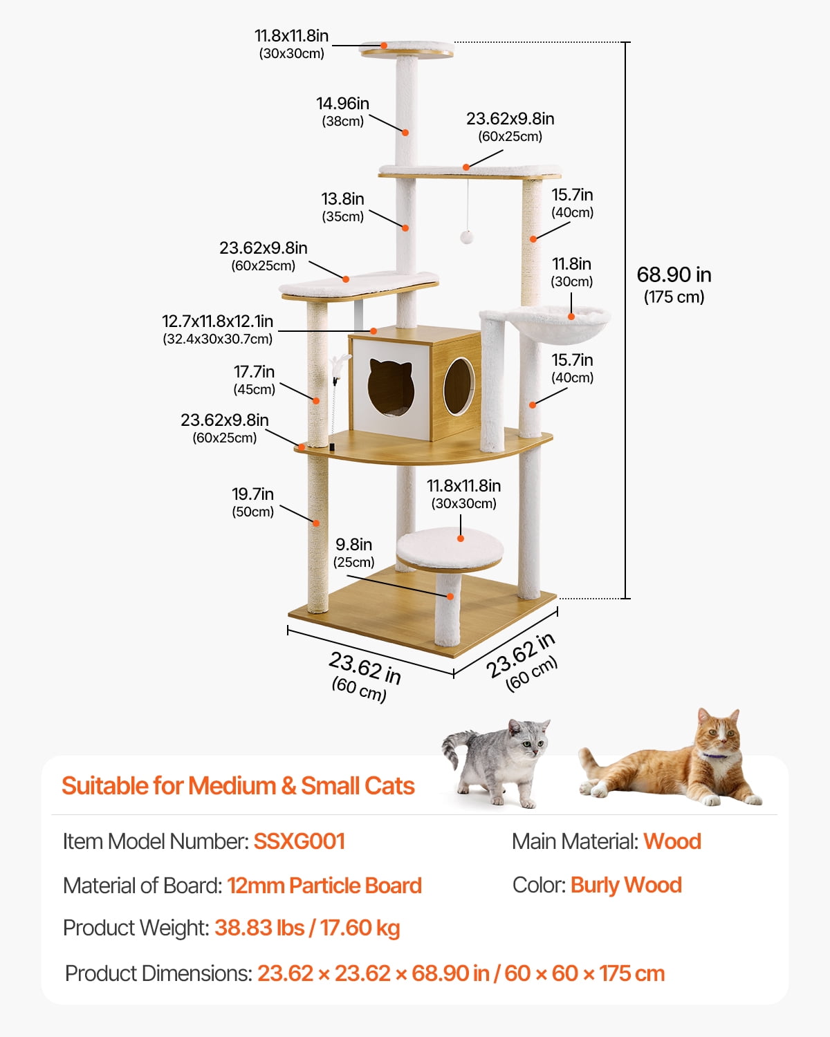 VEVOR Large Cat Tree, 68.9 inches Tall, Cat Tower, Multi-level Cat Condo Furniture Activity Center with Cozy Perches, Sisal Scratching Posts, Hammock, Big Kittens House for Indoor Cats Play & Rest