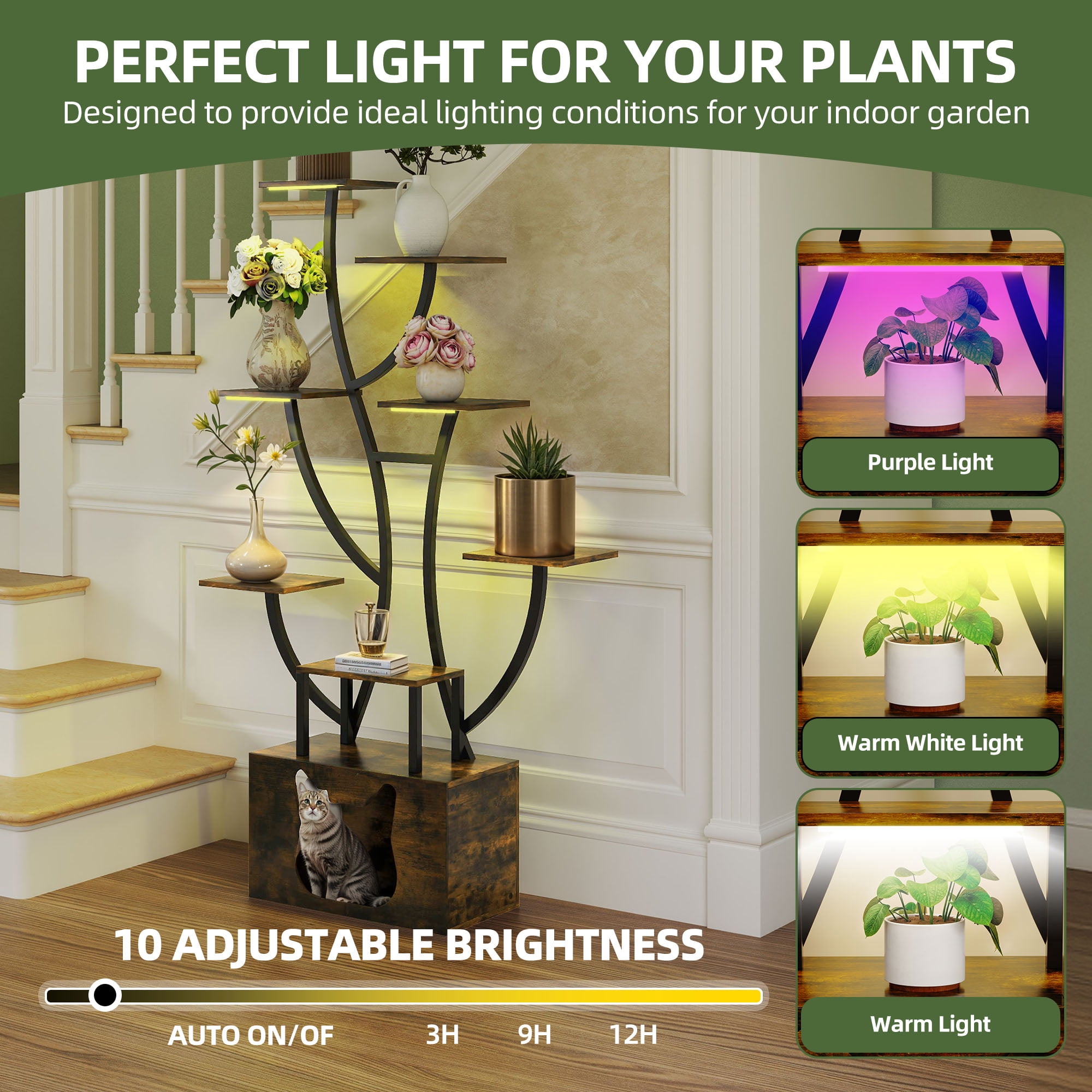 Uforic Indoor Plant Stand with Grow Lights, 63" Multiple Pots Metal Flower Stands Plant Shelf with Cat Litter Box