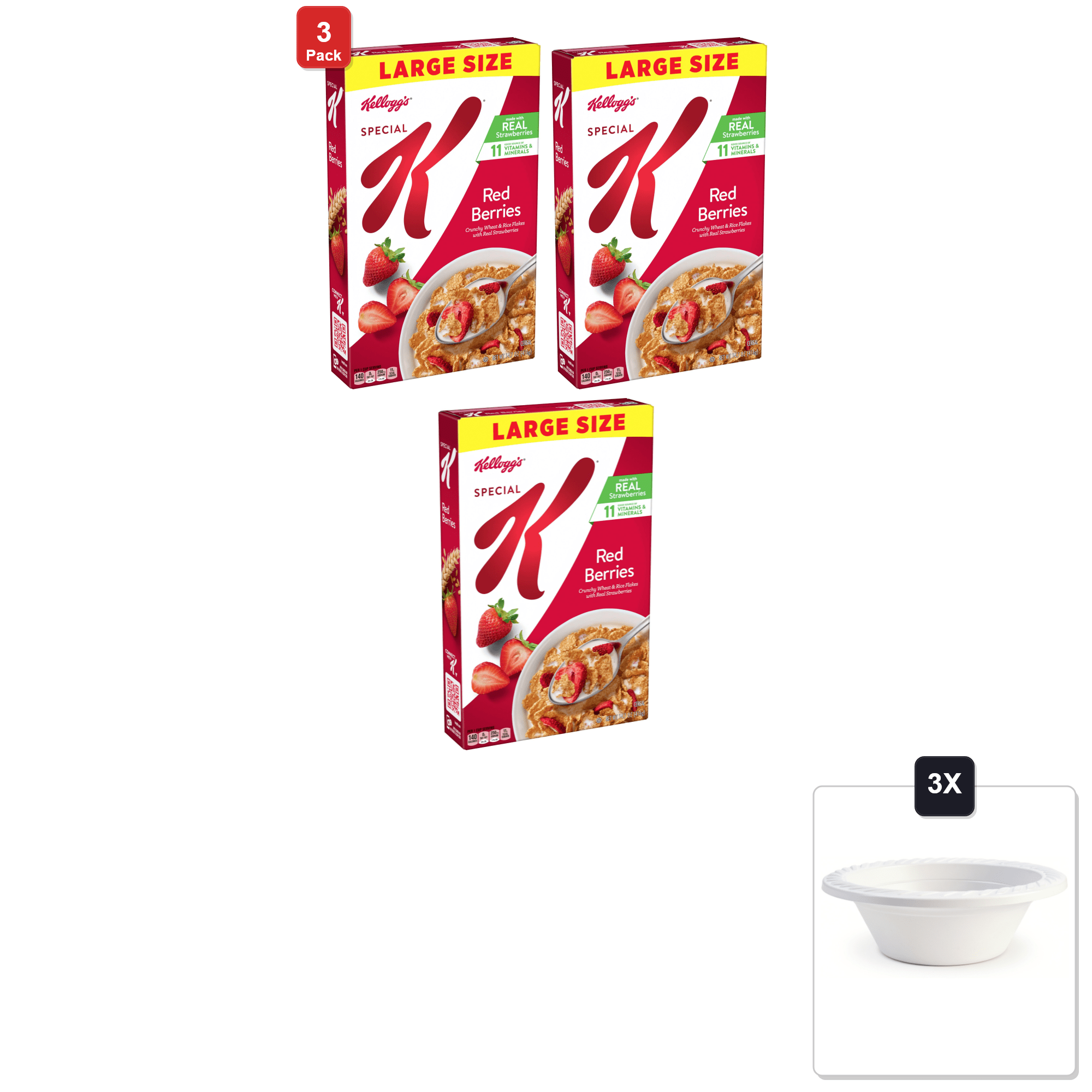 3 Pack | Kelloggs Special K Breakfast Cereal, Large Size, Red Berries, 14.7 oz & 3x 12oz Disposable Plastic Bowl