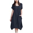 thumbnail image 1 of Robe de Mode pour Femmes Été Casual Col Rond en Coton Couleur Unie Robe de Poche à Manches Courtes en Lin, 1 of 7