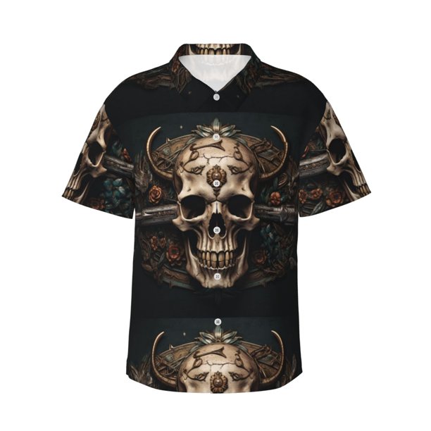 Fotbe Metal Style Horned Skull Camisa Hawaiana para Hombre Unisex – Camisa Casual de Verano con Botones de Manga Corta de Algodón y Lino,XX-Large