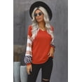 thumbnail image 1 of Women's Orange V Neck Leopard Stripe Splice Lantern Sleeve Top, 1 of 18