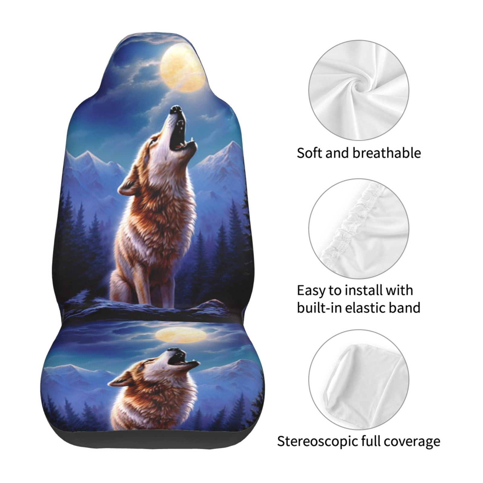 KAKALAD 3d Animal Wolf Moon 03 Car Seat Covers Set Vehicle Front Seats Protector 2 Pcs