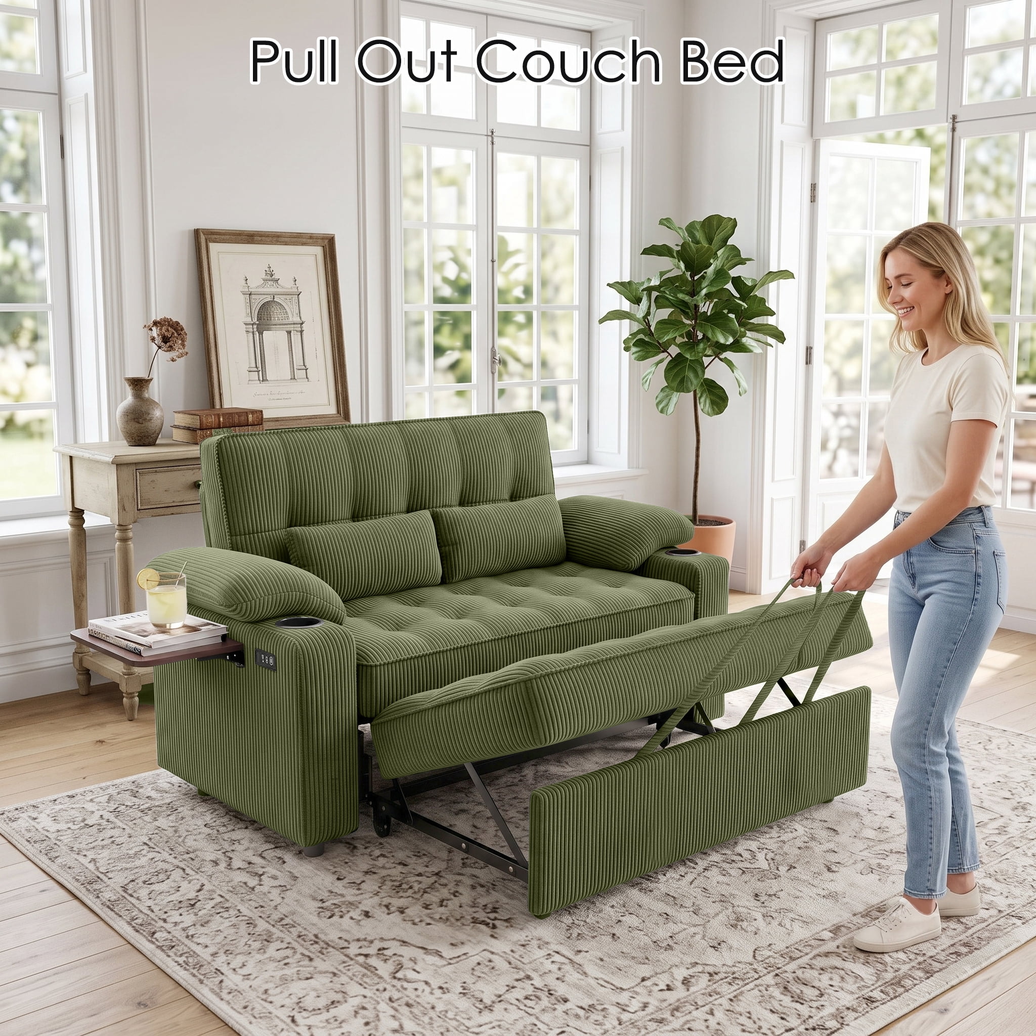 58" Convertible Sleeper Sofa Bed, Full Size Pull Out Couch with USB Charging, Cup Holders, Side Table, Adjustable Backrest, Corduroy Loveseat for Living Room, Apartment, Office (Green)