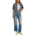 thumbnail image 2 of INSPIRE CHIC Women's Denim Cropped Short Sleeve Button Up Frayed Washed Jean Jacket S Blue, 2 of 6