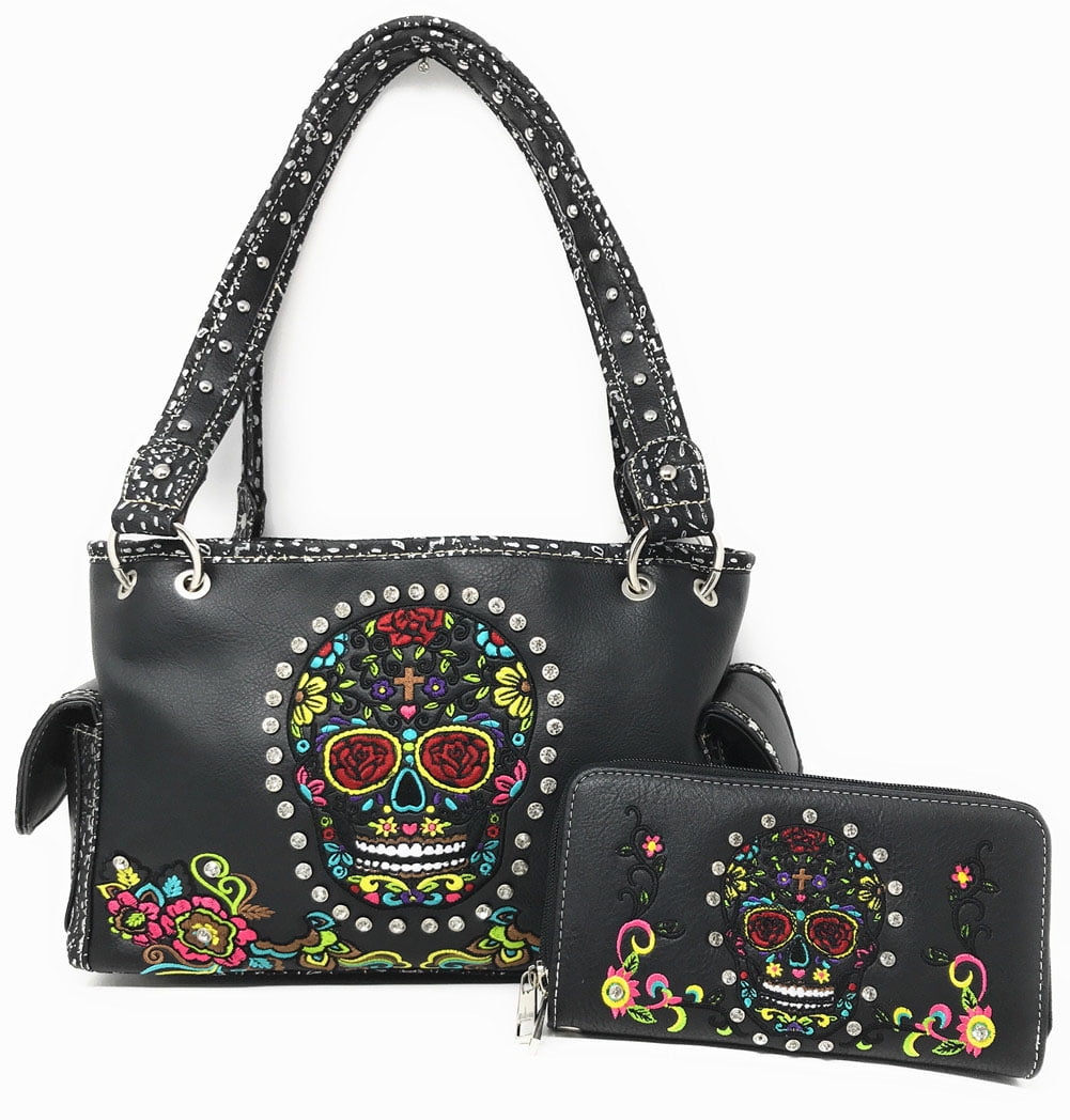 Western Embroidery Skull Rose Purse Handbag Messenger Shoulder Bag Wallet Set 