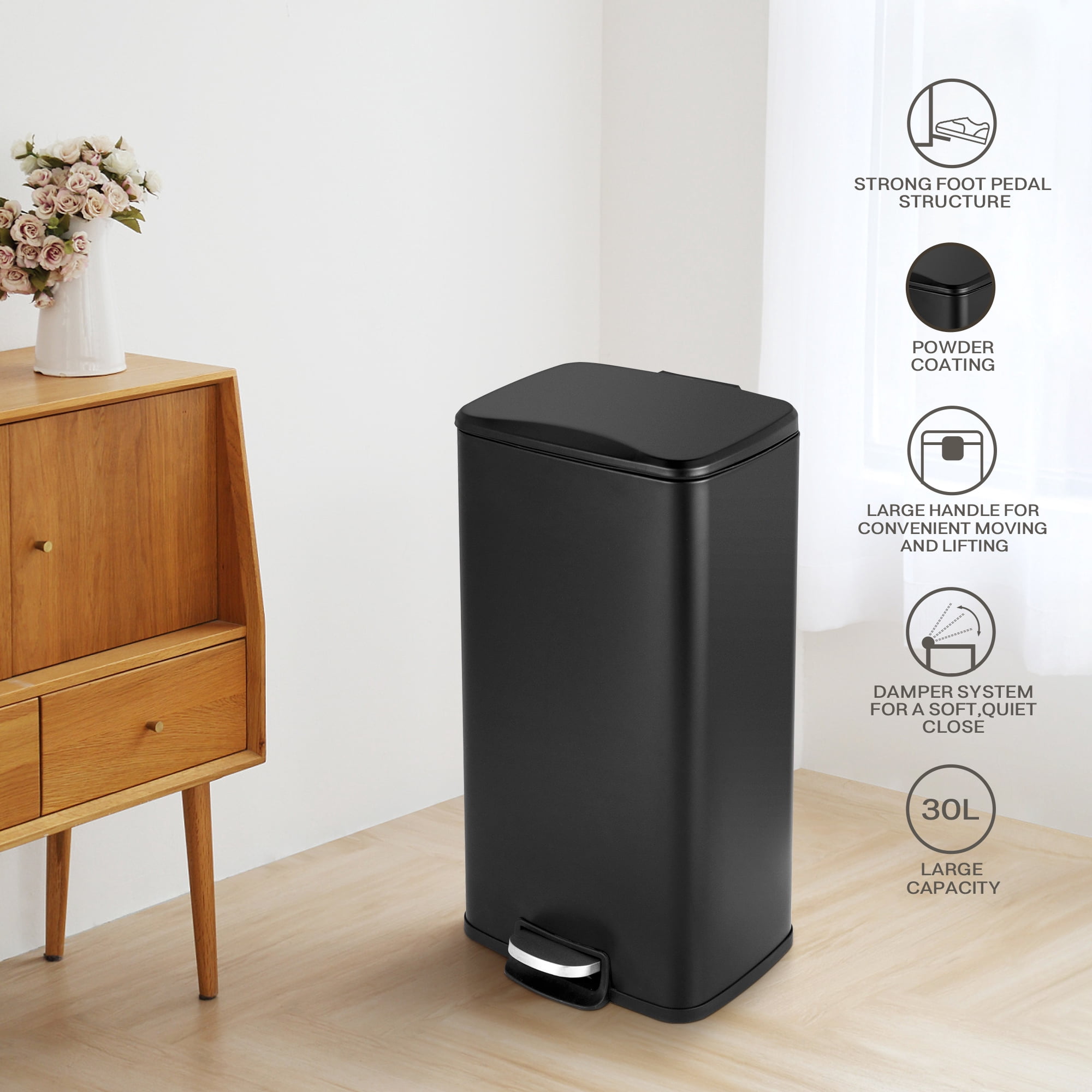 Innovaze Innovaze 8 Gal./30 Liter Rectangular step-on Trash Can for kitchen, Matt Black