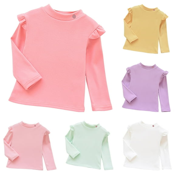 idosla Toddler Girls Fleece Shirts Ruffle Long Sleeve T-Shirts Solid Color Warm Basic Tees Tops Fall Tshirts (Purple, 4-5 Years)