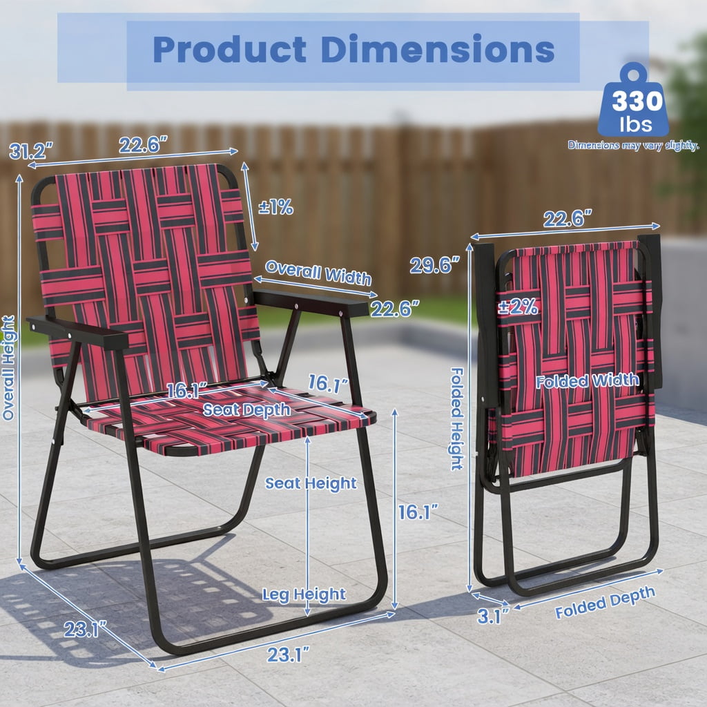 Hommoo 2-Pack Foldable Beach Chairs for Camping, Lawn & Outdoor Use, Rust-Resistant Steel Frame, Fade-Proof PE Webbing, Lightweight & Portable, Red