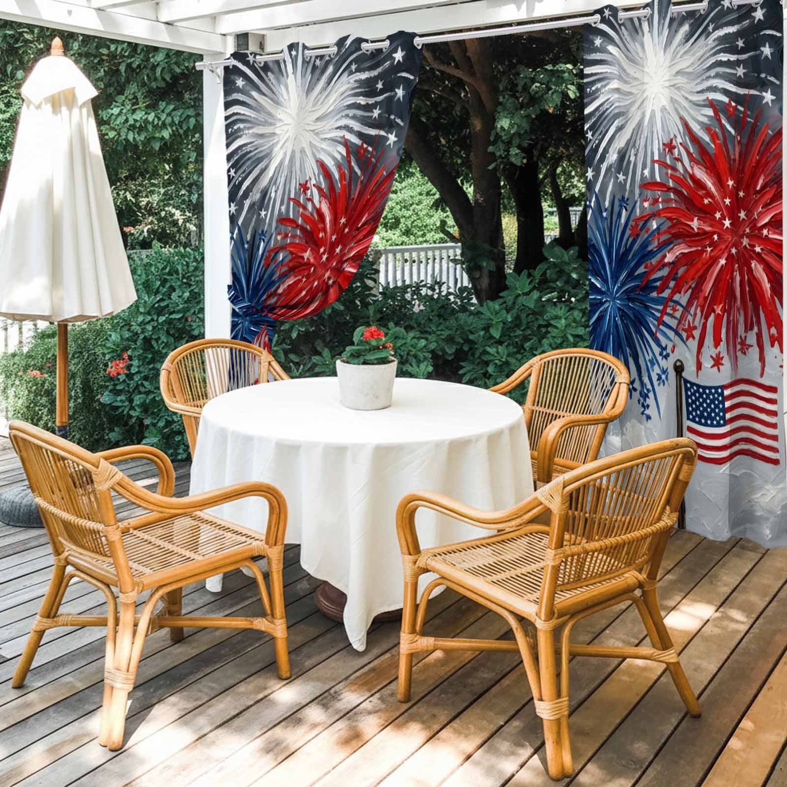 Independence Day Outdoor Curtains for Patio, Oil Painting Blue White Red Firework Flag Sunshade Privacy Drapes Grommet Waterproof Outside Curtains for Porch/Cabana/Balcony 54"x 108", 1 Panel