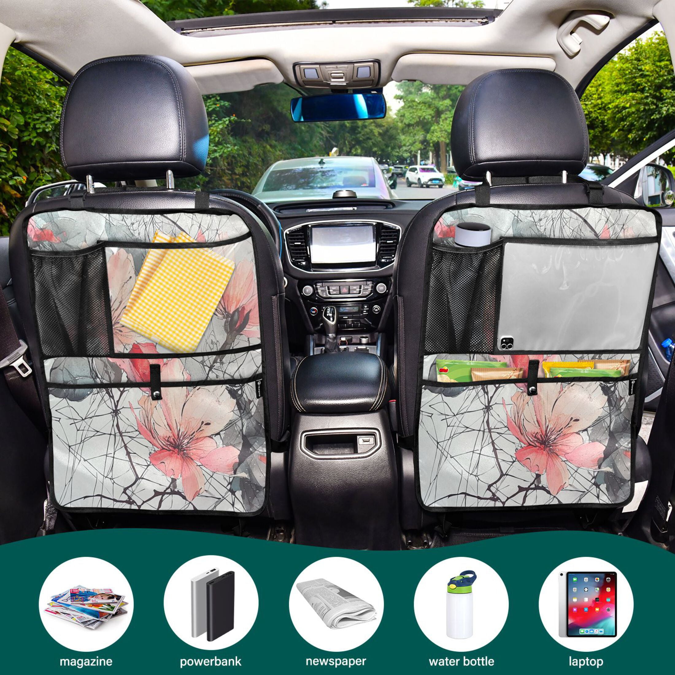 WOBOGO Pink Watercolor Flower Backseat Car Organizer 2 PCS Footed Universal Car with Touch Screen Tablet Holder Rear Seat Protector
