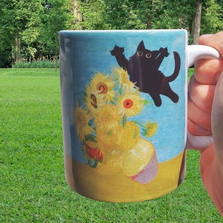 Funny Black Cat Mug 11 oz Ceramic Mug Sunflowers Coffee Tea Cup Cute Cat Lover Gift Mug for Cat Mom, Aesthetic Mug Novelty Coffee Tea Cup