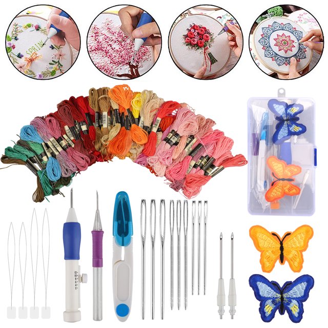 Kit de inicio de bordado, juego de bolígrafos de bordado que incluye aguja mágica para bordar, 50 hilos de colores, agujas de bordar, herramienta para manualidades con bolígrafo de costura para Noticed SH1105-02