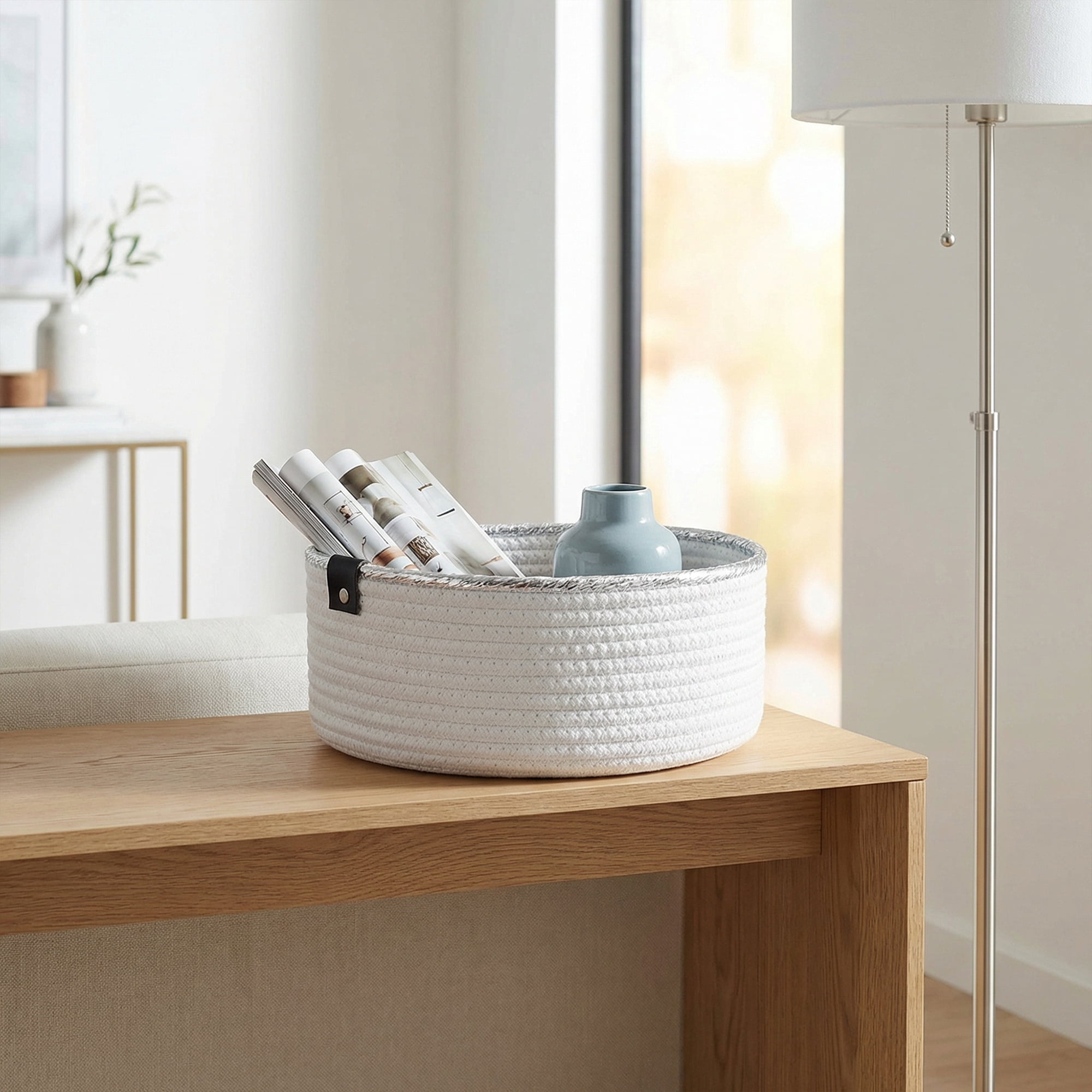 Unique Bargains Woven Storage Basket for Key Tray Bowl White-Silver 9.4*9.4*3.9in