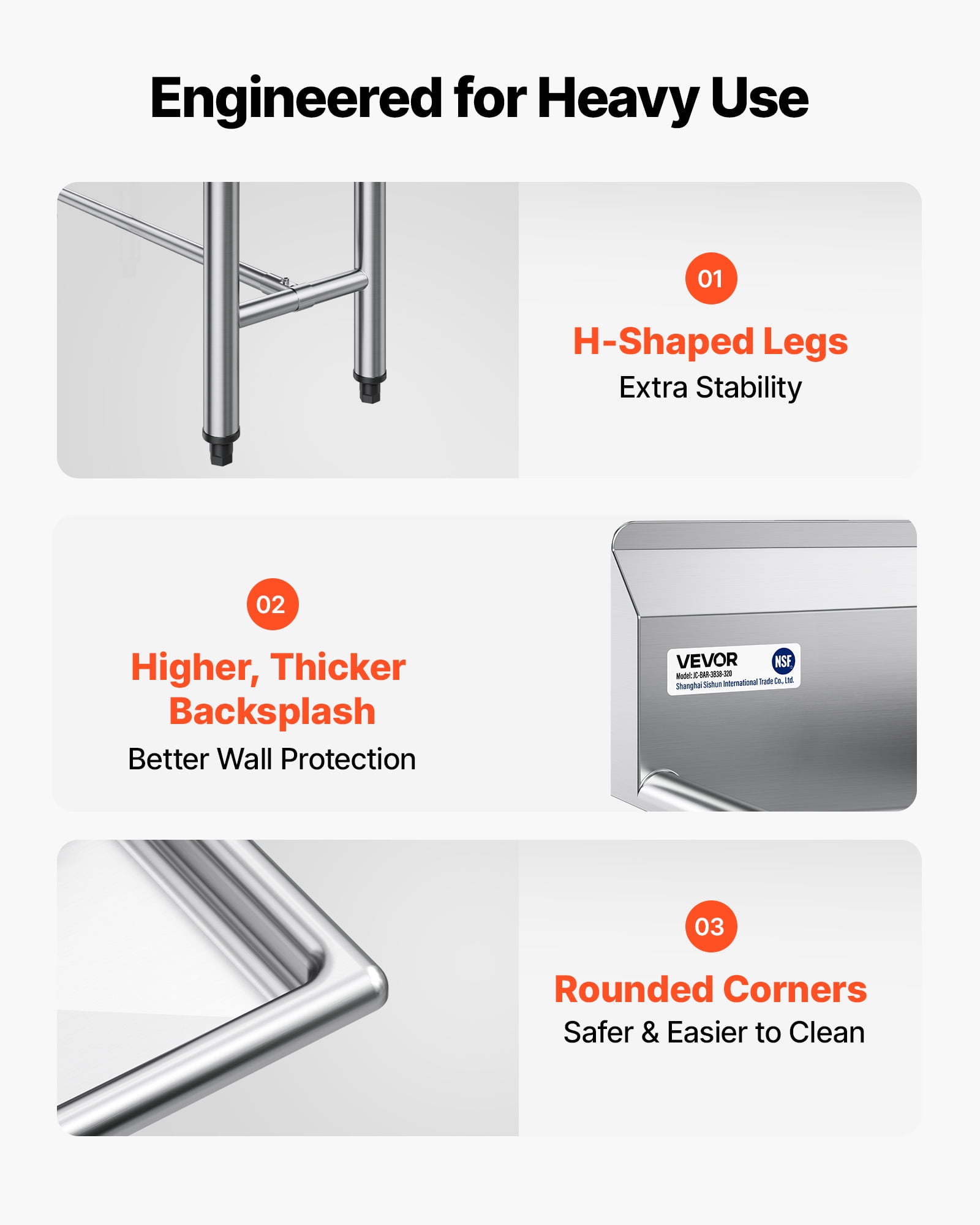 VEVOR 3 Compartment Sink, 18-Gauge 304 Stainless Steel, 10" x 14" x 10" Bowl Size, 3 Bay Commercial Kitchen Prep & Utility Sink with 2 Drainboards and Backsplash for Restaurant, Food Truck & Home Use