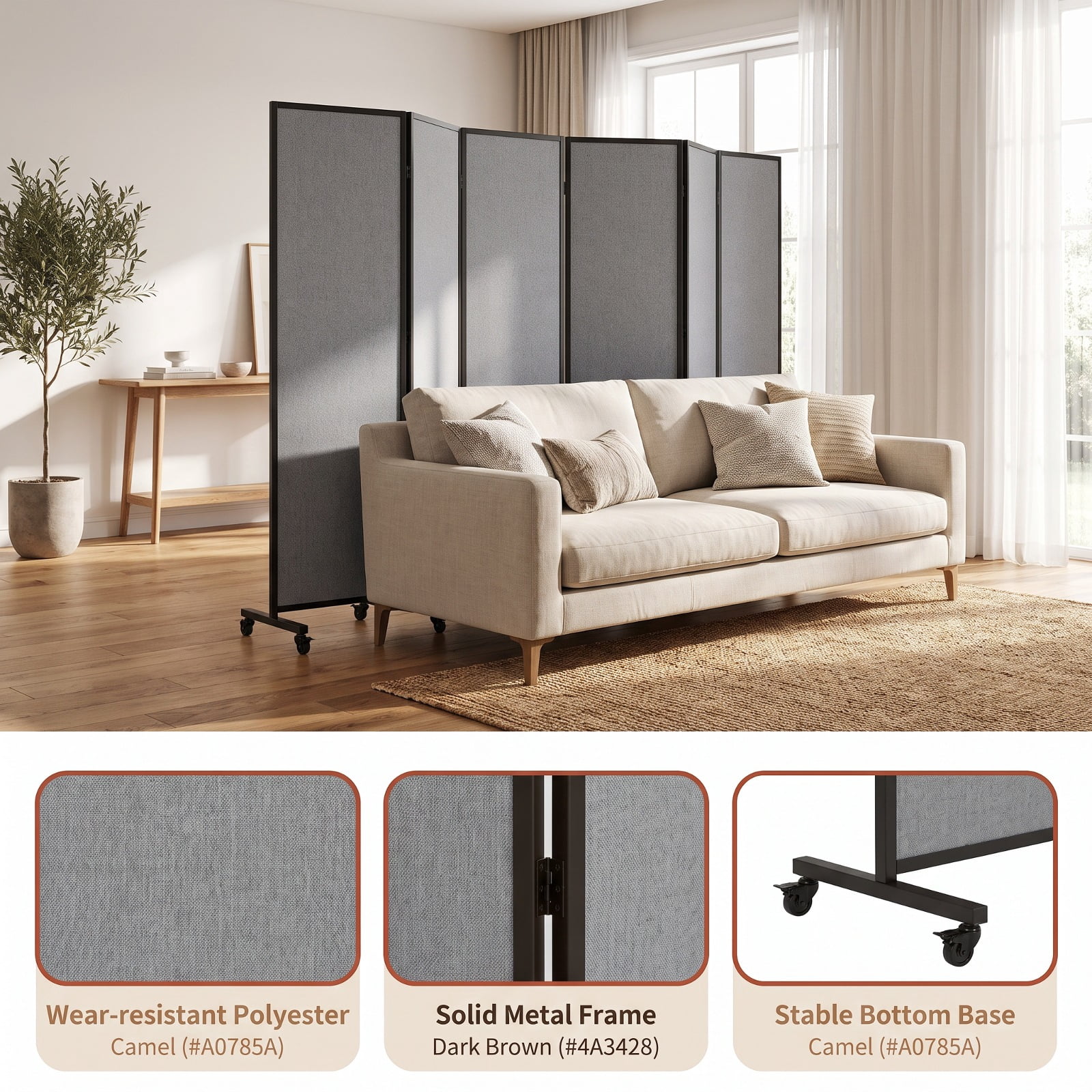Vebreda 6-Panel Rolling Room Divider Folding Privacy Screen with Lockable Wheels, Freestanding Fabric Partition for Bedroom Office Studio, Gray