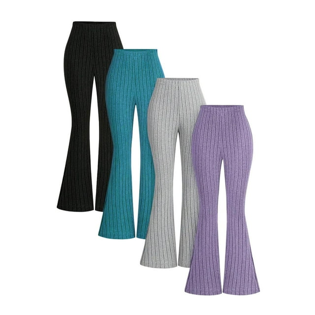 aidice 4pc Teen Girls Pants Bell Bottom Elastic Waisted Ribbed Knit Solid Color Casual Stretch Flare Pant