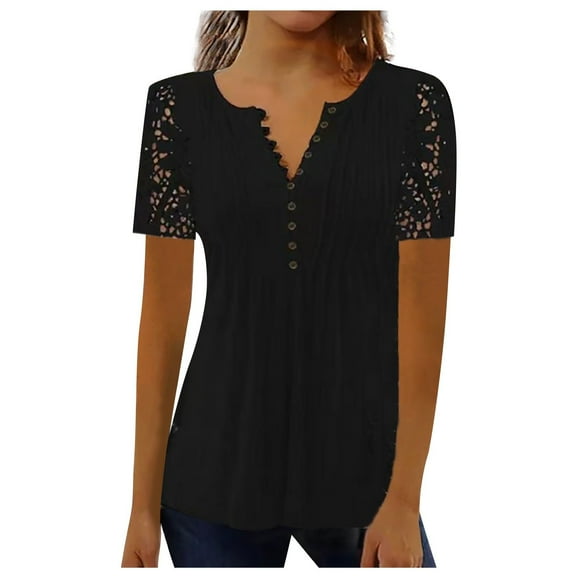 Mittory Women's Plus Size Henley T Shirt Summer Lace Sleeve Tees Casual Pleated Flowy Tunic Tops