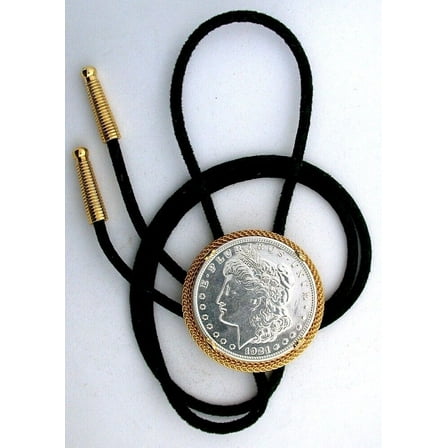 1921 MORGAN SILVER DOLLAR ANTIQUE GOLD  MESH BOLO TIE CORD TIPS EPBT86N/22125