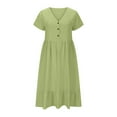thumbnail image 3 of ZZwxWA Summer Dresses for Women V Neck Button Solid Causal Dress Vacation Short Sleeve Knee Length Dress A Line Flowy Dress, 3 of 5