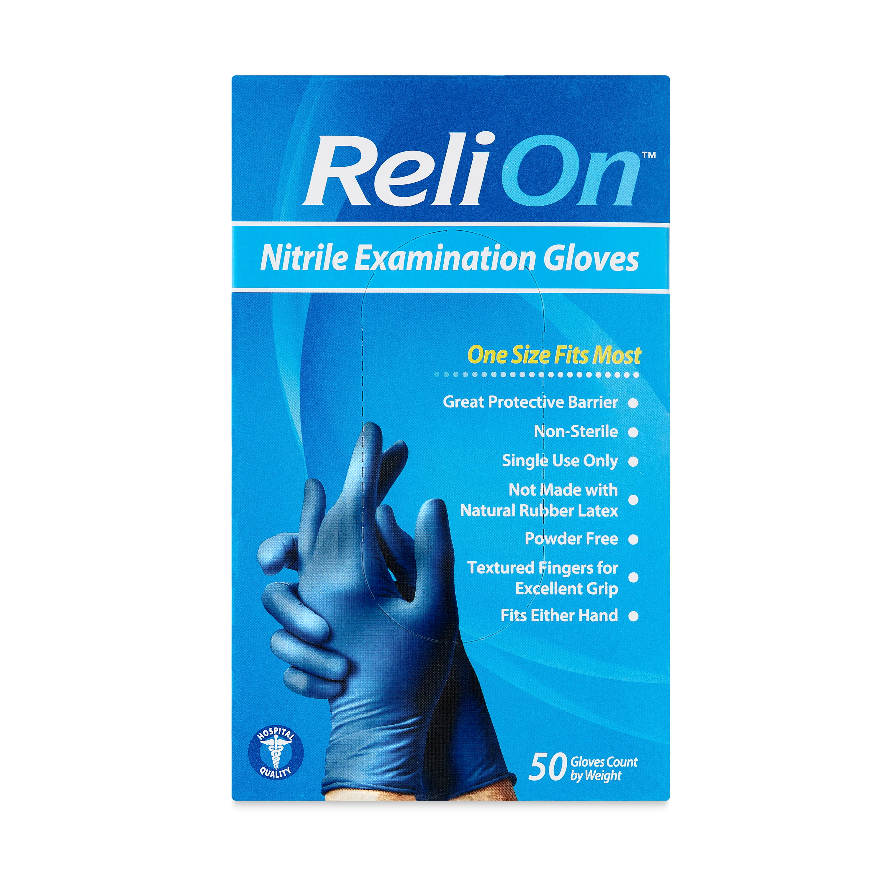 ReliOn Nitrile Examination Gloves, One Size Fits Most, 50 Count