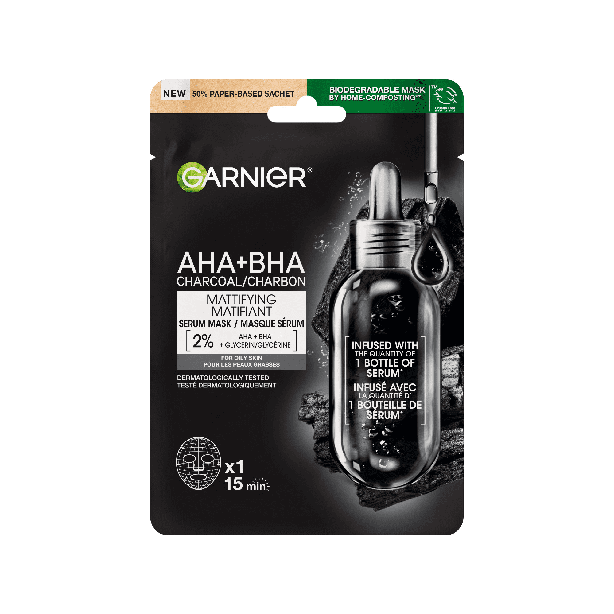 Garnier AHA+BHA Charcoal Mattifying Serum Mask, for Oily Skin, 1 Count